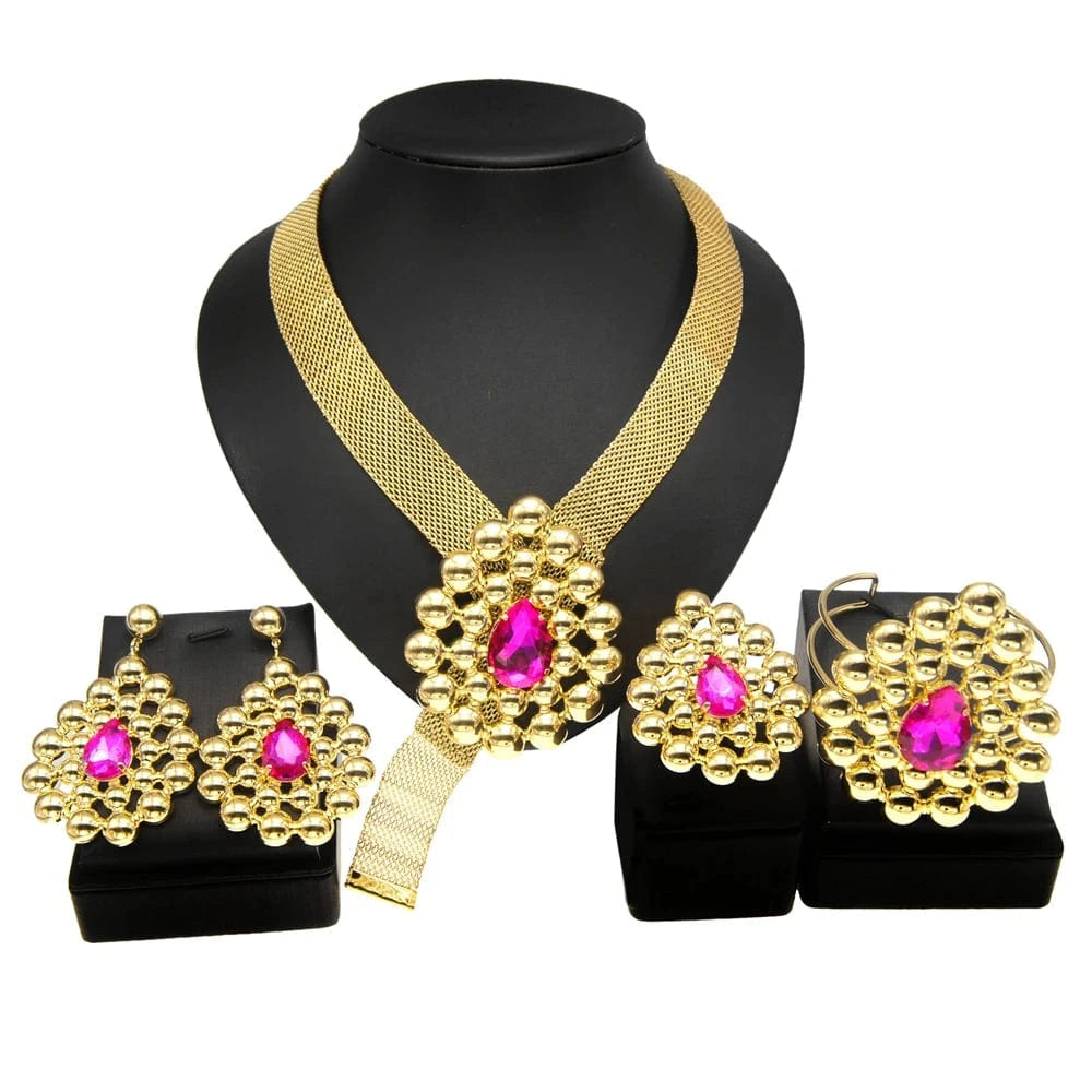 Gold Design Green Red Jewelry Set / Adjustable / Pink Zhuerrui Brazilian Gold Design Green Red Jewelry Set High Quality Bridal Wholesale Handmade Wide Necklace Jewelry Sets H20012