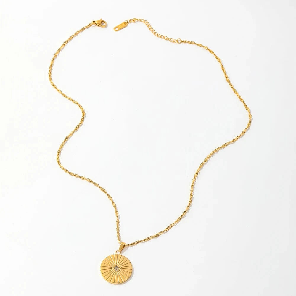 Gold Joolim Rope Chain Dainty Zirconia Burst Circle Round Coin Pendant Stainless Steel Necklace Jewelry Wholesale