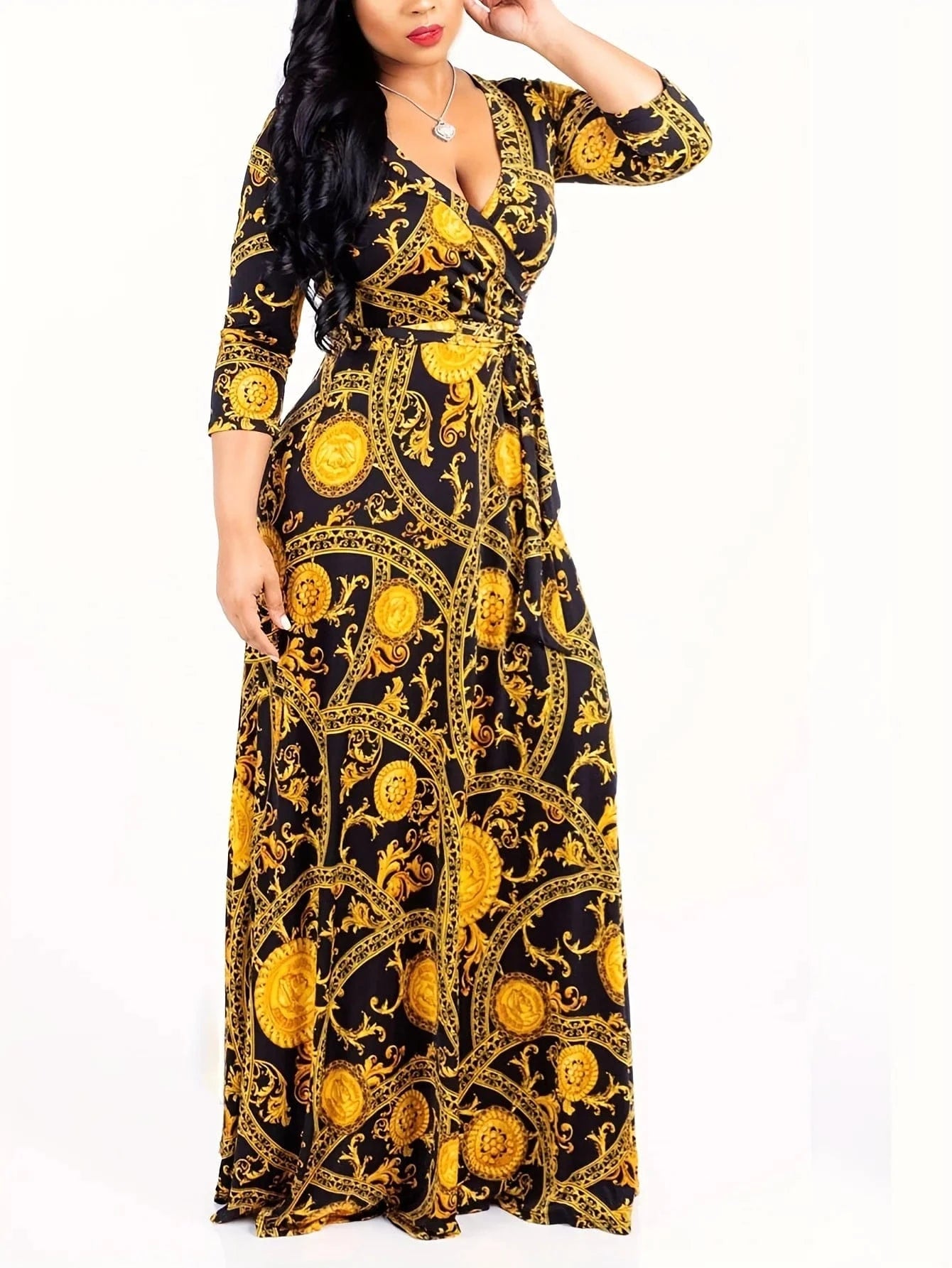 Gold / M Women Sexy Bodycon Beach Bohemian Maxi Splicing Floral Print Dress for Women Casual Summer Sundress V-Neck 3/4 Sleeve