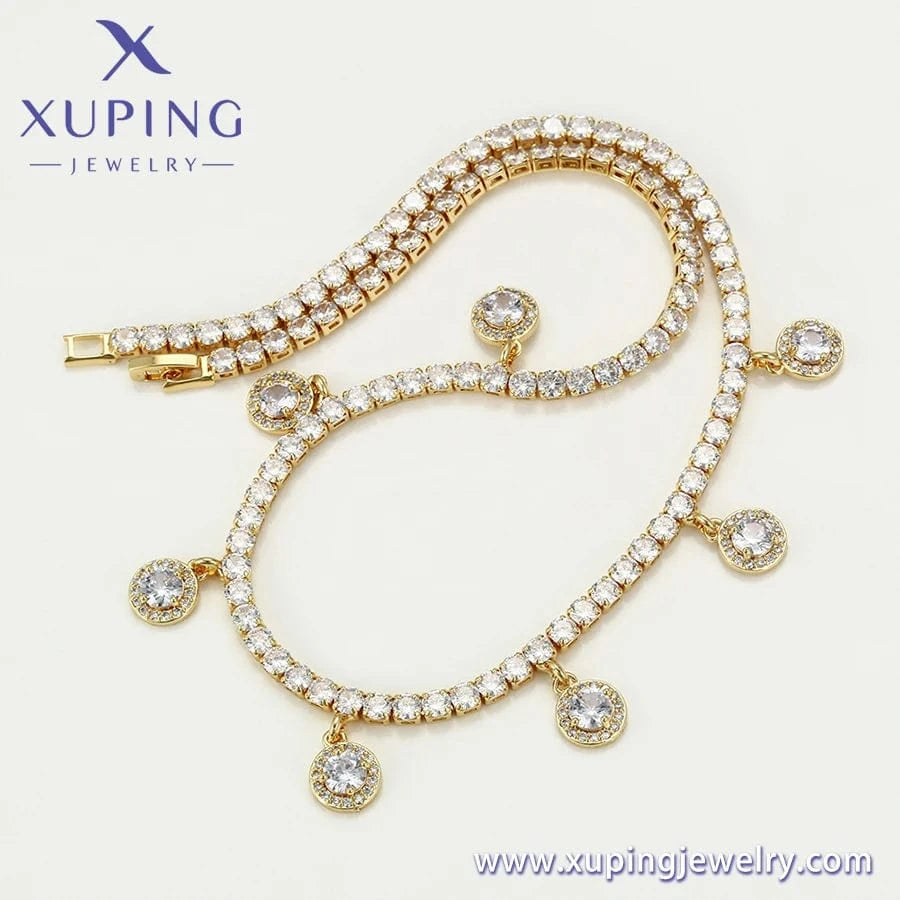 Gold necklace-01384 xuping 14k Brass Golden Cubic Zirconia Long chain necklace for Women Girls