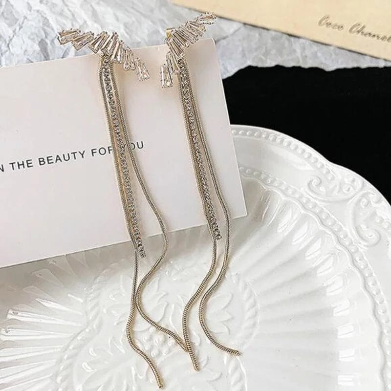 Gold New temperament long crystal zircon tassel earrings female super fairy net celebrity earrings