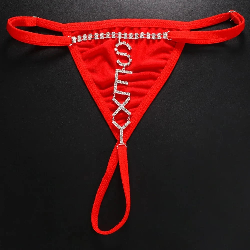 Gold Plated / Red Sexy Women Beach Bikini Thong Underwear Fashion Crystal Letter SEXY Panties Body Jewelry 2022