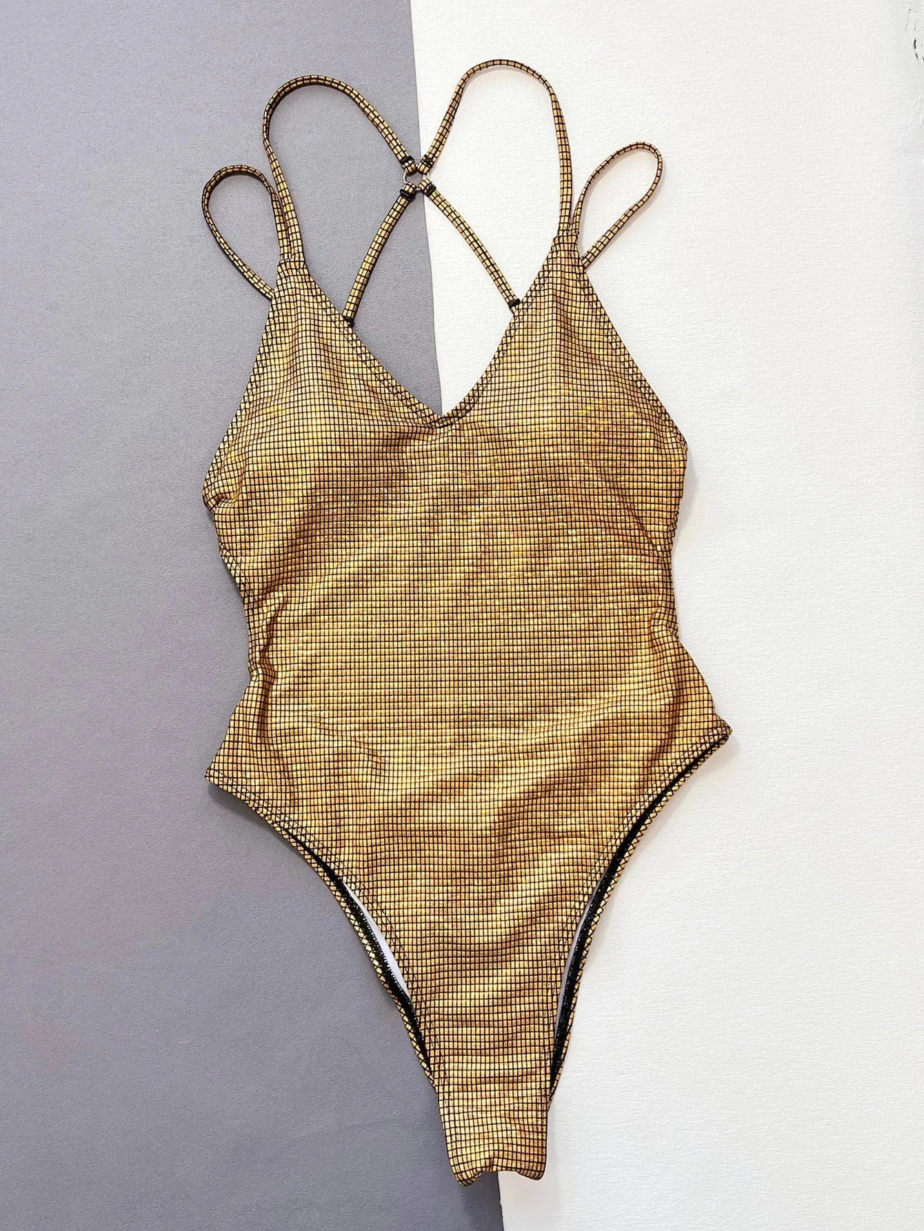 Gold Shiny sequin fabric high cut swimwear one pieces swimsuit 2024 sexy women multi bandage swim bathing suit