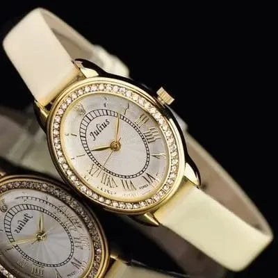 Gold Small Oval Rhinestones Julius Lady Women's Watch Japan Quartz Elegant Fashion Hours Bracelet Leather Girl's Gift Box