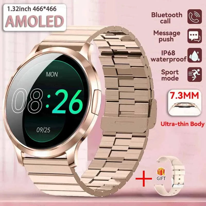 Gold Steel B / Fashion watch 2025 New Smart Watch For Women 1.32"HD AMOLED Screen IP68 Waterproof Heart Rate Women Health Ladies Smartwatches For Android ios