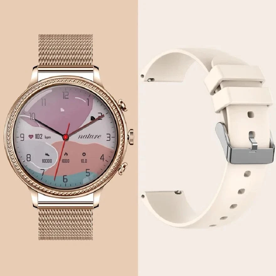 gold steel+Light yellow silicone strap 2024 new design fashion V60 Smartwatch Women with 1.39-inch HD screen Health Detection stainless steel bracelet smart watch