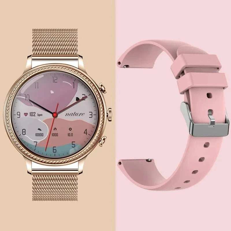Gold steel+Pink silicone strap 2024 new design fashion V60 Smartwatch Women with 1.39-inch HD screen Health Detection stainless steel bracelet smart watch