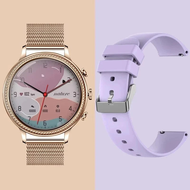 gold steel+purple silicone strap 2024 new design fashion V60 Smartwatch Women with 1.39-inch HD screen Health Detection stainless steel bracelet smart watch