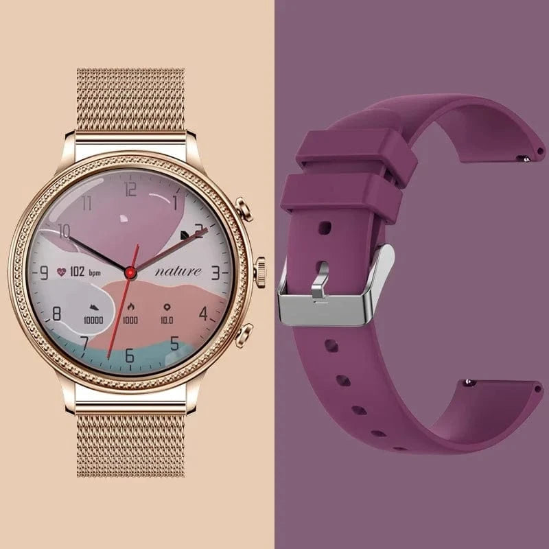 gold steel+red silicone strap 2024 new design fashion V60 Smartwatch Women with 1.39-inch HD screen Health Detection stainless steel bracelet smart watch