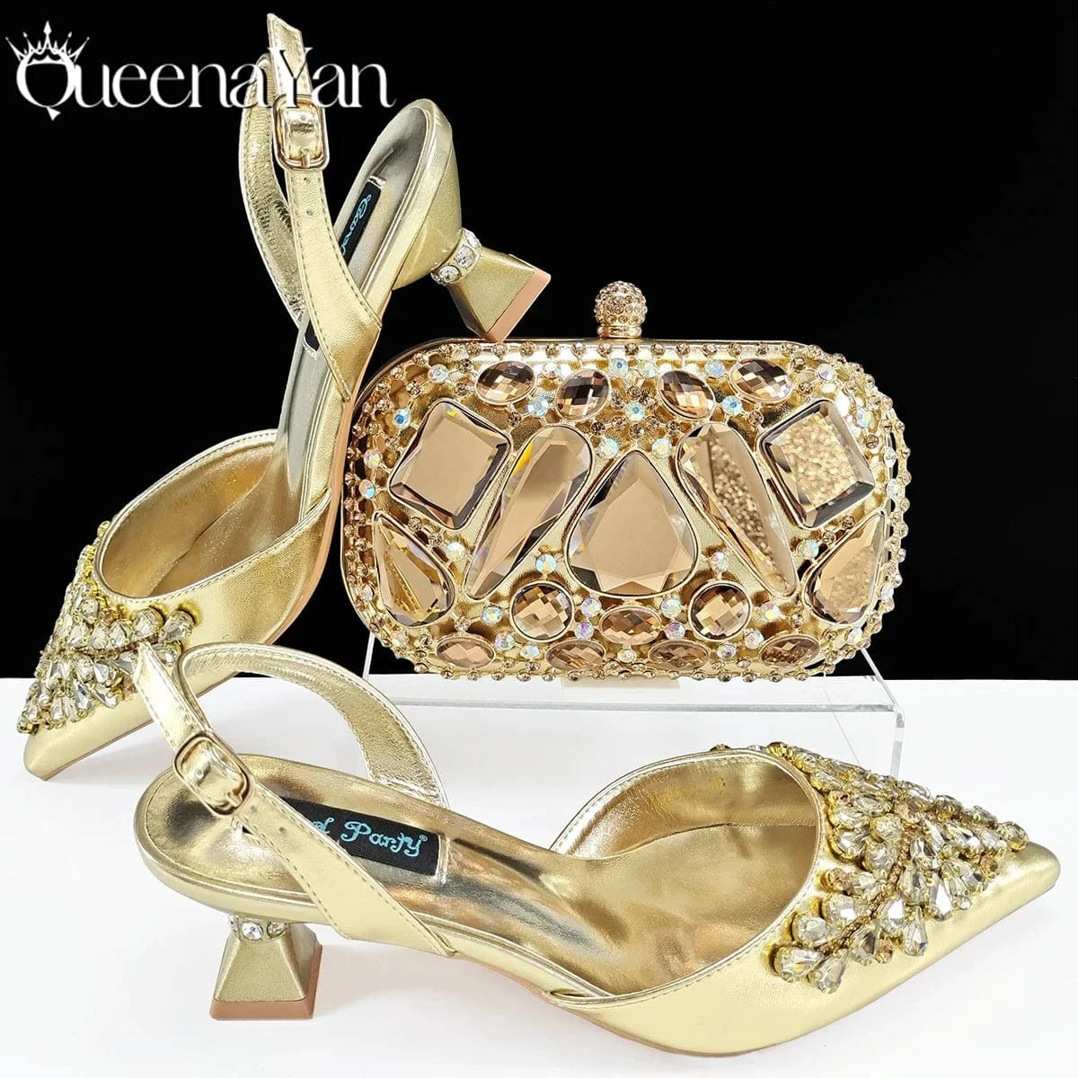 GOLD Stone different / 43 / CHINA Queena Yan Italian shoes and handbags accessory set with rhinestone metal embellishments Wedding shoes Bridal shoes Designer