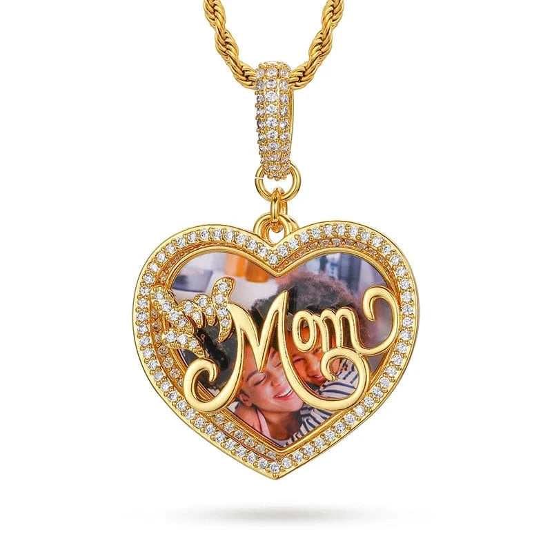 Gold Sublimation Jewelry Punk Men Women Iced Out MOM Heart Custom Photo Memory Pendant Necklace With Gift Box