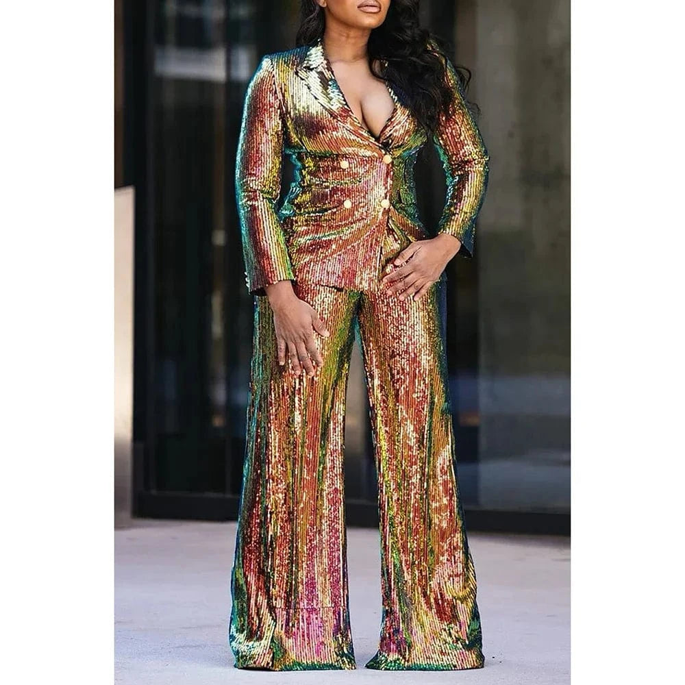Gold / XXL Plus Size Women's Semi Formal Sets Gold Sequin Long Sleeve Lapel Wide Leg Two Piece Pant Set 2025