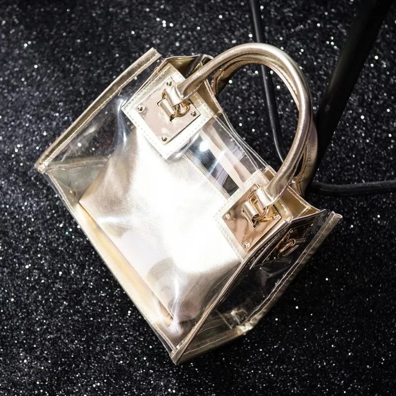 Golden 2pcs Women Fashion Shoulder Bag Clear Jelly Clutch Purse Transparent Handbag