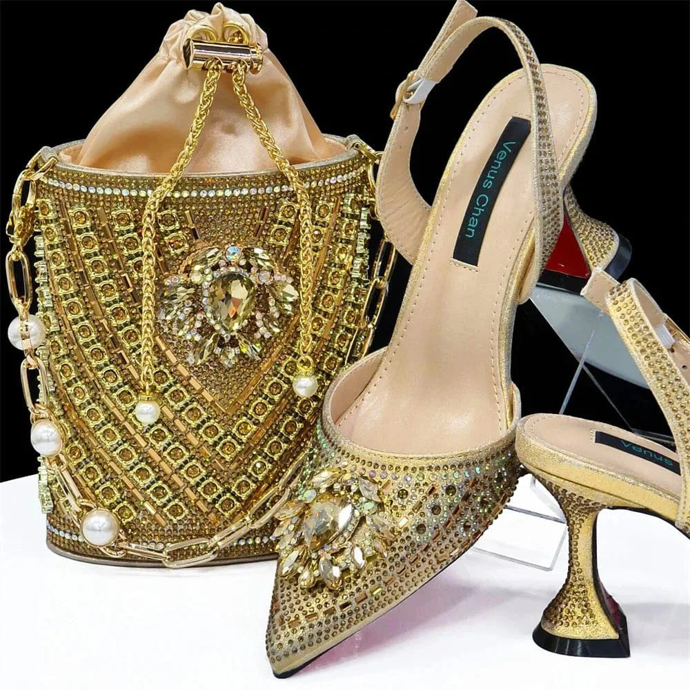 Golden / 40 Turkey African Italian Luxury Fashion Party Ladies Shoes Set Women Matching Bag for Women
