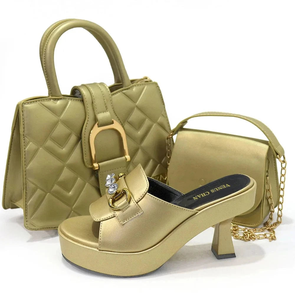 Golden African Italian Luxury Fashion Ladies Custom Logo Shoes and Handbag Tote Bag With Matching Slides Shoes for Women