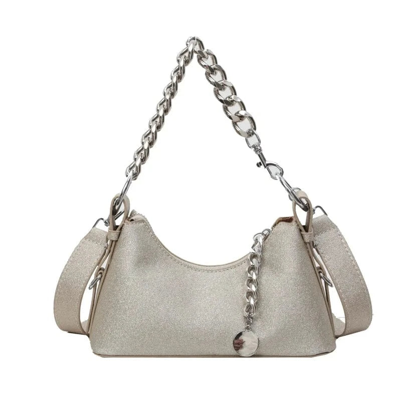 Golden Korean Fashion Silver Small Underarm Bag for Women 2024 Trend Designer Sequined Armpit Handbags Thick Chain Simple Shoulder Bag
