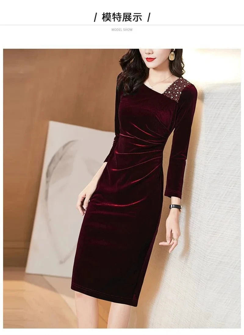Golden Velvet Dress For Women Spring And Autumn New Fashionable Long Sleeve Dress Velvet Thickened Hip Wrap Dress  Nail Bead