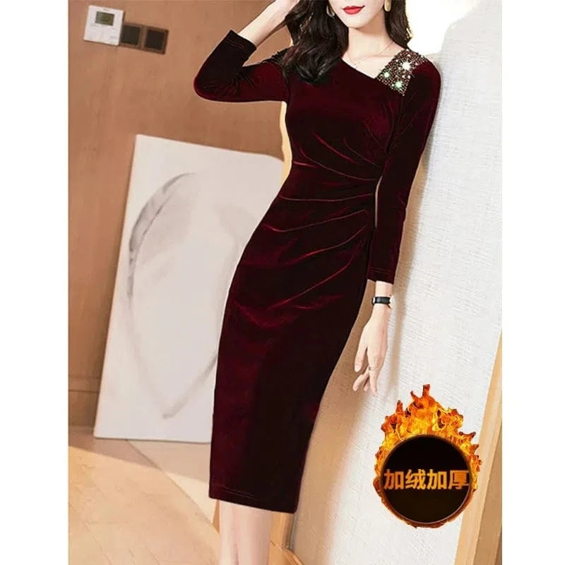 Golden Velvet Dress For Women Spring And Autumn New Fashionable Long Sleeve Dress Velvet Thickened Hip Wrap Dress  Nail Bead