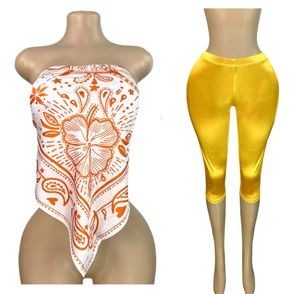 Golden1 / S 2025 Summer 2 Piece Set Woman Outfits Backless Print Scarf Tops and Shorts Suits Streetwear Sexy Club Two Piece Matching Sets