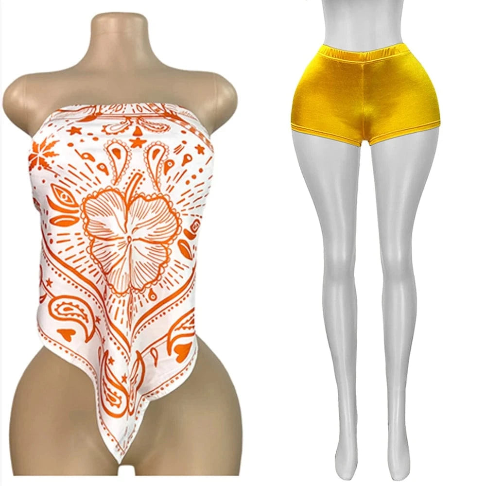 Golden2 / S 2025 Summer 2 Piece Set Woman Outfits Backless Print Scarf Tops and Shorts Suits Streetwear Sexy Club Two Piece Matching Sets