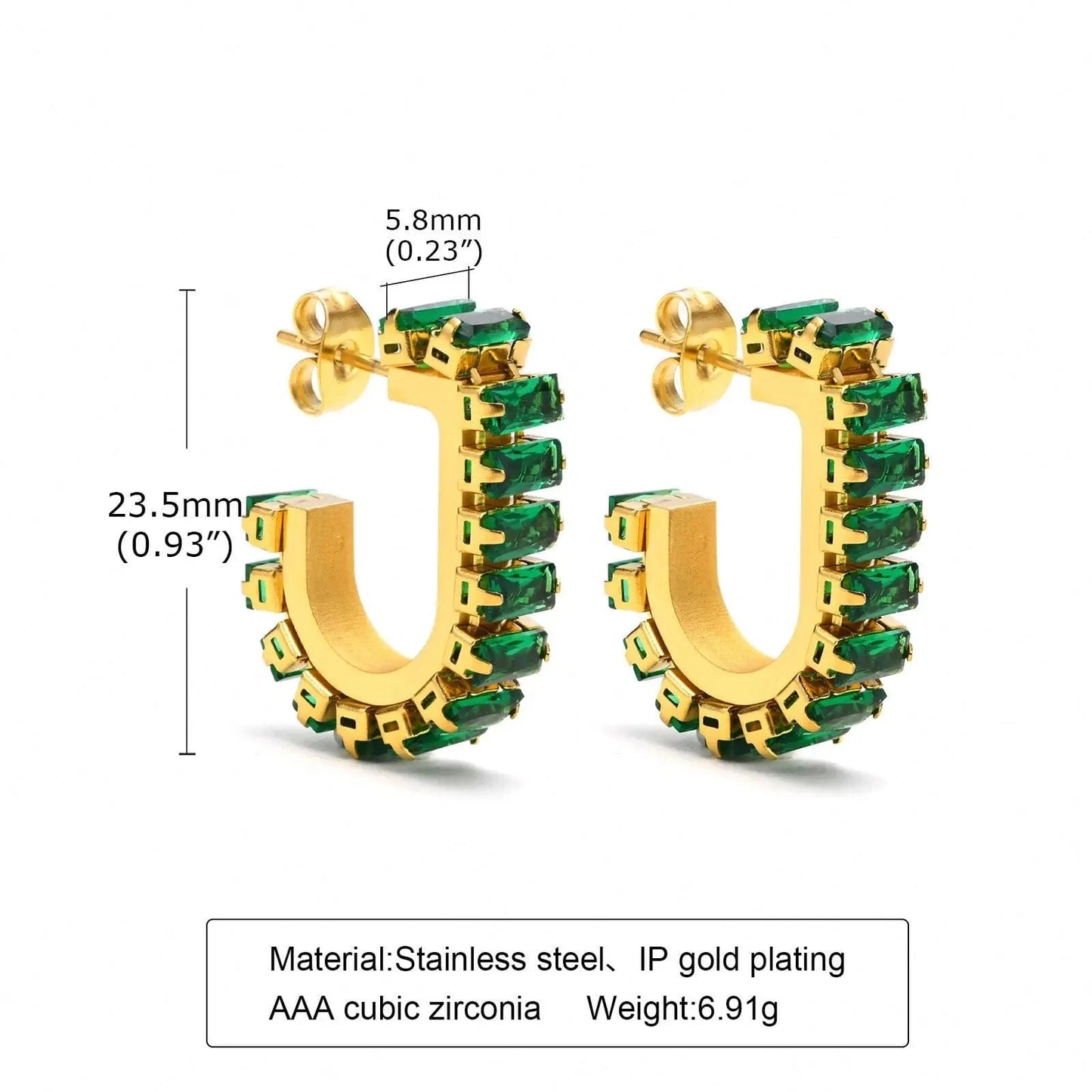 Good Quality 18k Gold Plated Green Cubic Zircon Earrings Deliate No Fade Stainless Steel Bling Diamond U Shape Earrings