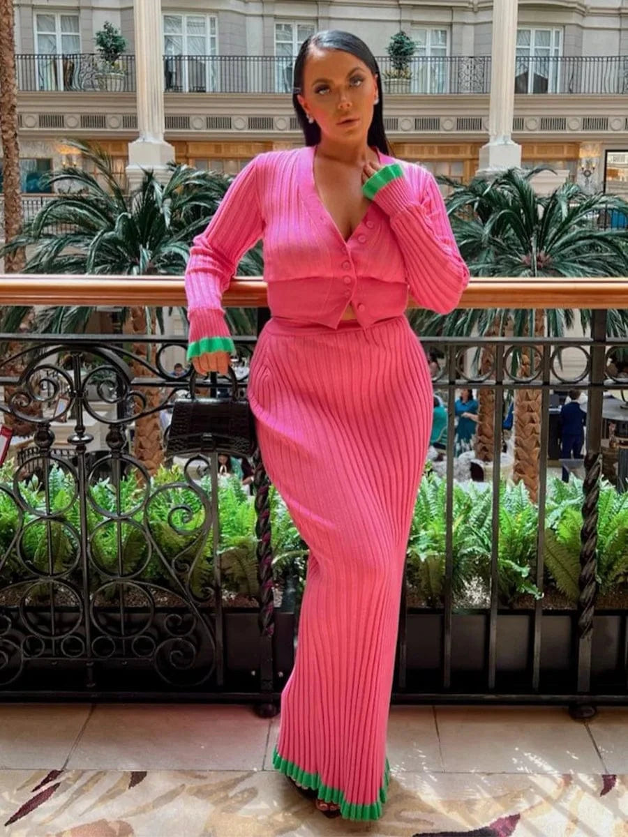 Good Quality Autumn Winter New 2024 Women Elegant Streetwear Bodycon Slim Contrast Knitted Long Skirt Set