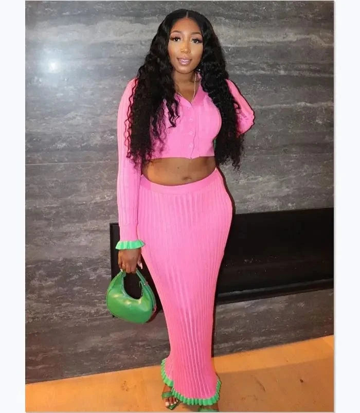 Good Quality Autumn Winter New 2024 Women Elegant Streetwear Bodycon Slim Contrast Knitted Long Skirt Set