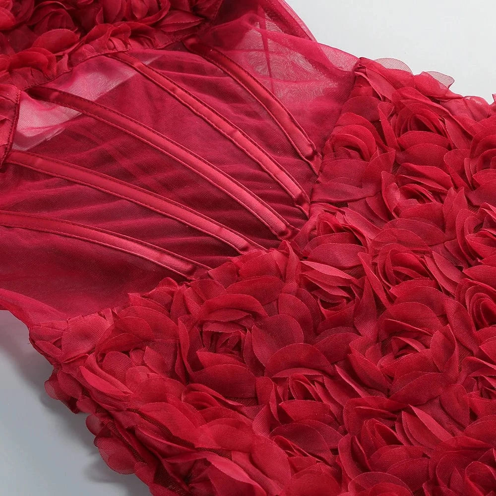 Gorgeous Burgundy Halter Mini Dress for Women 3D Rose Embellishment Flowing Chiffon Tail Sexy Elegance Temperament