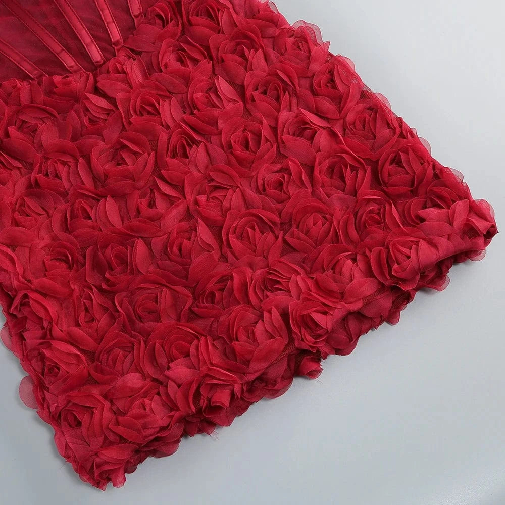 Gorgeous Burgundy Halter Mini Dress for Women 3D Rose Embellishment Flowing Chiffon Tail Sexy Elegance Temperament