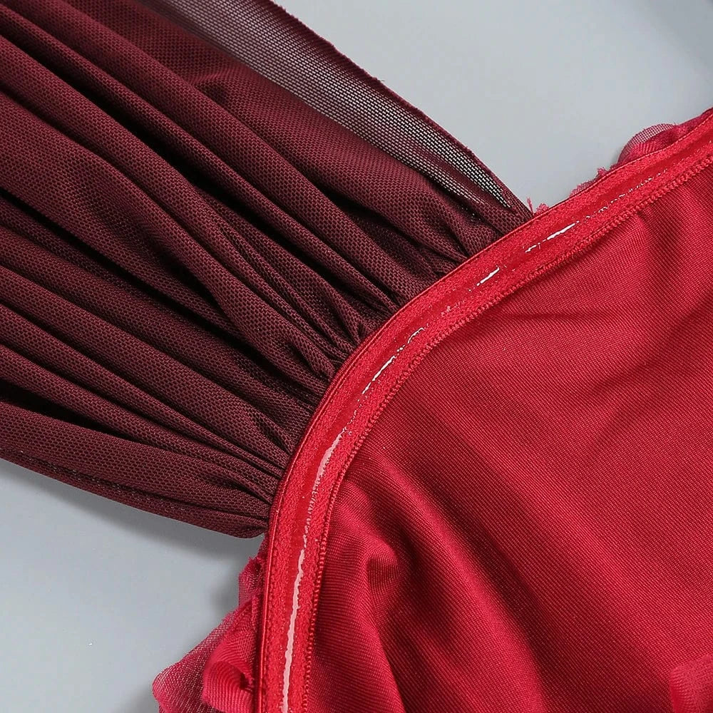 Gorgeous Burgundy Halter Mini Dress for Women 3D Rose Embellishment Flowing Chiffon Tail Sexy Elegance Temperament