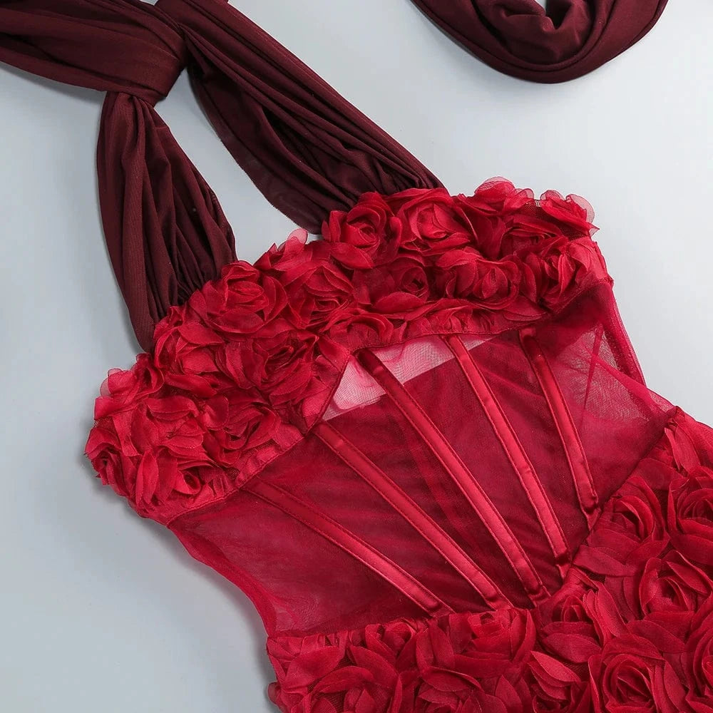 Gorgeous Burgundy Halter Mini Dress for Women 3D Rose Embellishment Flowing Chiffon Tail Sexy Elegance Temperament