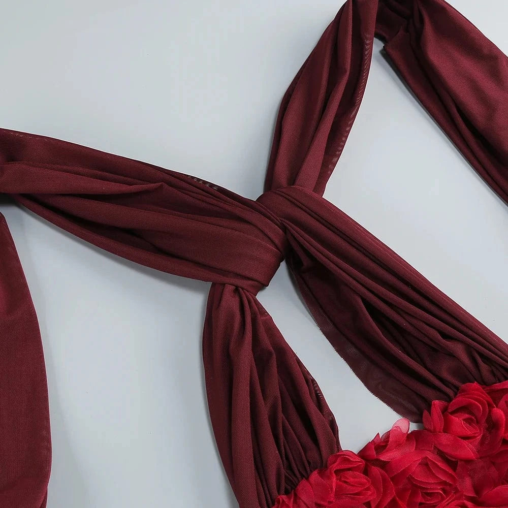 Gorgeous Burgundy Halter Mini Dress for Women 3D Rose Embellishment Flowing Chiffon Tail Sexy Elegance Temperament