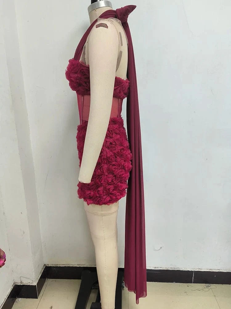 Gorgeous Burgundy Halter Mini Dress for Women 3D Rose Embellishment Flowing Chiffon Tail Sexy Elegance Temperament