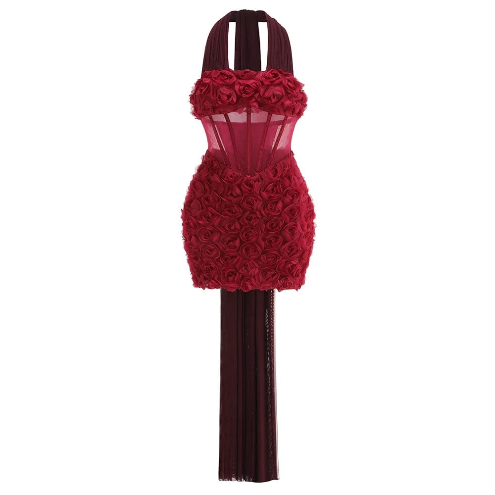 Gorgeous Burgundy Halter Mini Dress for Women 3D Rose Embellishment Flowing Chiffon Tail Sexy Elegance Temperament