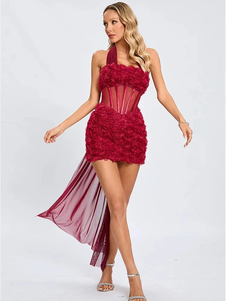 Gorgeous Burgundy Halter Mini Dress for Women 3D Rose Embellishment Flowing Chiffon Tail Sexy Elegance Temperament