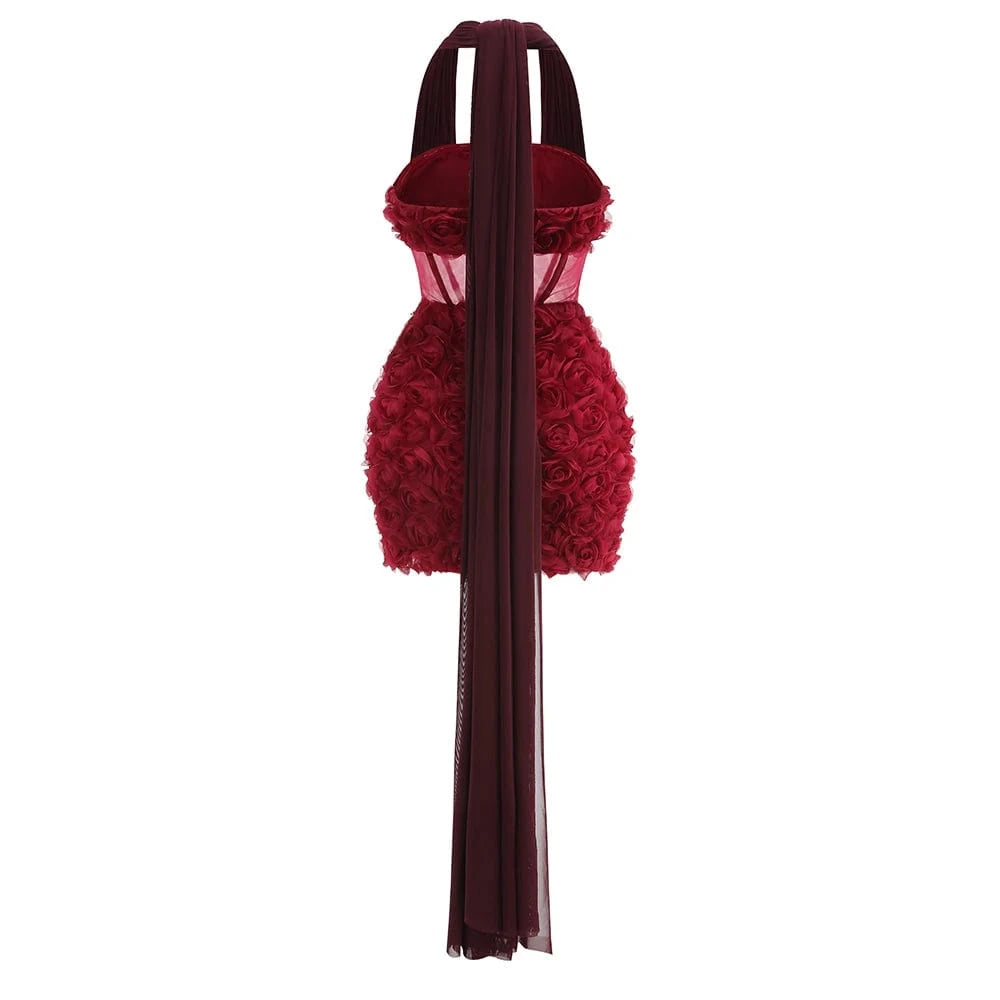 Gorgeous Burgundy Halter Mini Dress for Women 3D Rose Embellishment Flowing Chiffon Tail Sexy Elegance Temperament