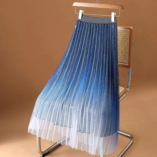 Gradient Elegant Pleated Skirt Women Mesh Shining Long Big Hem High Waist Ladies Midi Skirts New Fashion Elegant Jupes Faldas