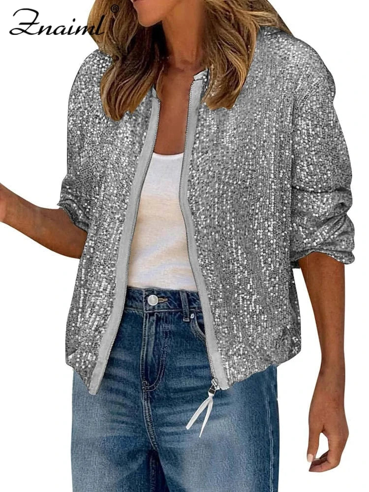gray coats / L Znaiml Women Luxury Sequin Jacket Y2k Harajuku Green Color Zipper Long Sleeve Short Coat Autumn Winter Ladies Night Clubwear New