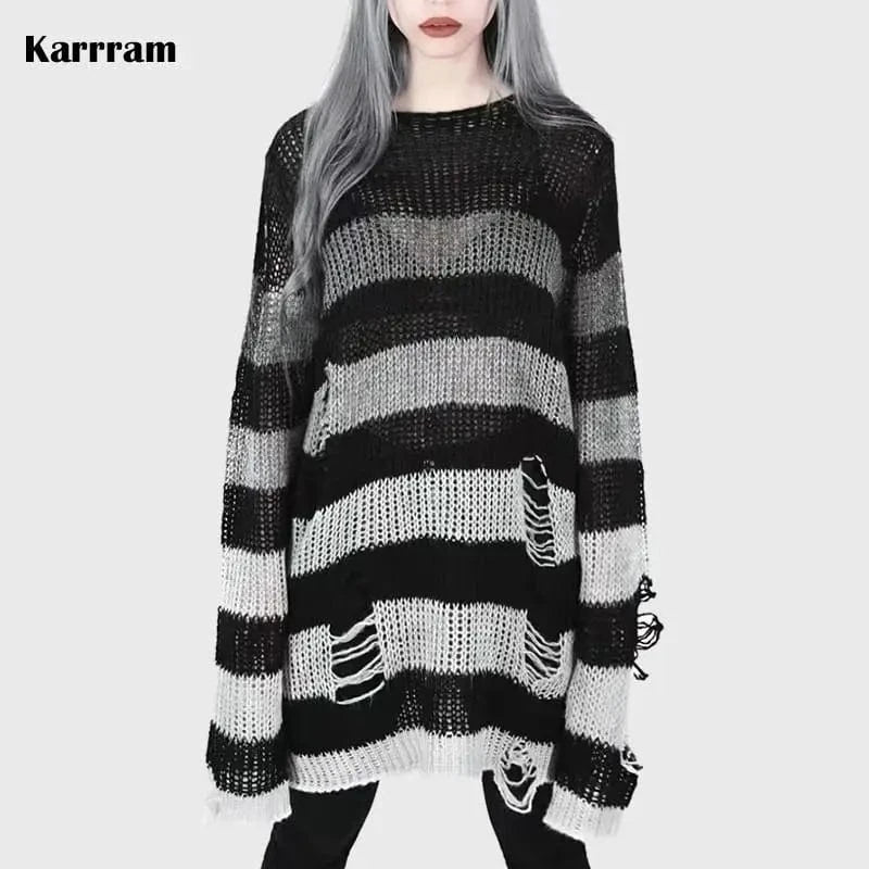 Gray gradient / Only Sweater Karrram Punk Gothic Sweater Emo Tops E-girls Mall Goth Pullovers Y2k Harajuku Grunge Clothes Alt Dark Aesthetic Striped Jumpers