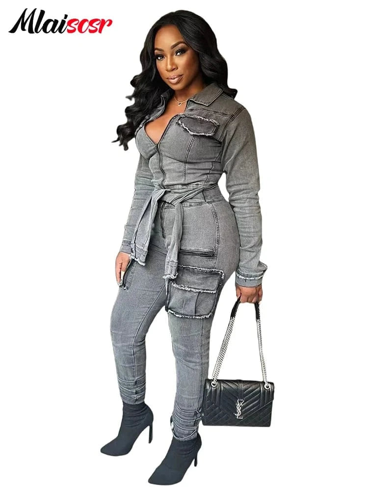 gray jumpsuits / XL Mlaiscsr Women Stretch Denim Gray Cargo Jumpsuit with Bandage Turn Down Collar Zip-up 3D Pockets Slim Jeans Overalls Romper New