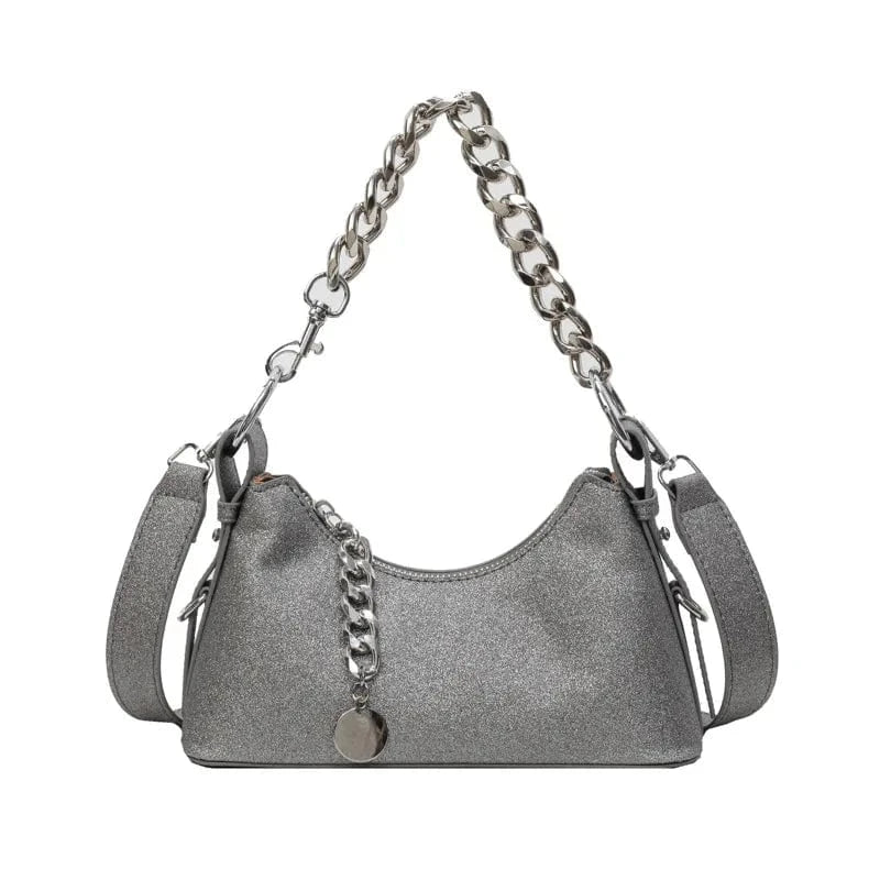 Gray Korean Fashion Silver Small Underarm Bag for Women 2024 Trend Designer Sequined Armpit Handbags Thick Chain Simple Shoulder Bag