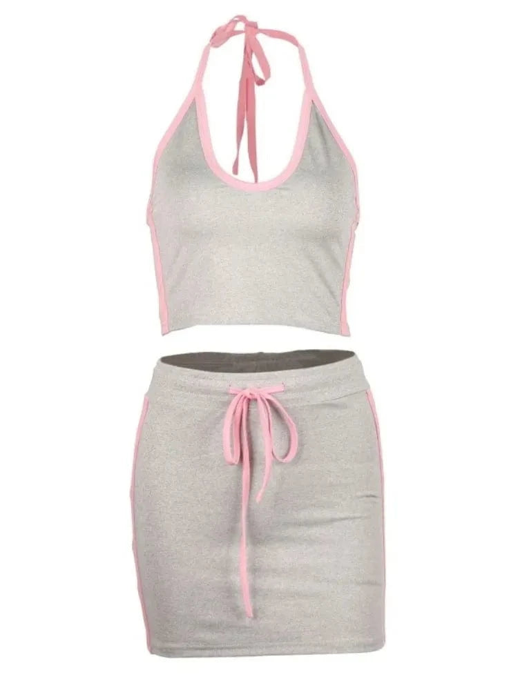 Gray / L Joskaa 2025 Women's Color Block Sporty Two Piece Set Casual Halter Low-Neck Backless Camisole+Drawstring Skirts Match Tracksuits