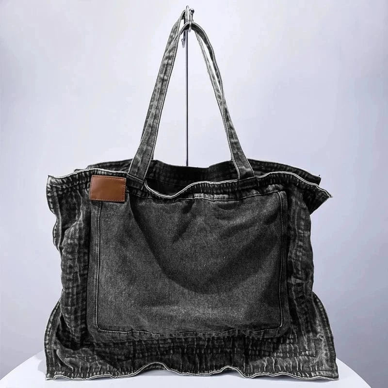 gray Large Capacity Denim Tote Bags For Womens Luxury Designer Handbag Purses 2024 New In Ruffle Moto & Biker Cloth Underarm Shoulder
