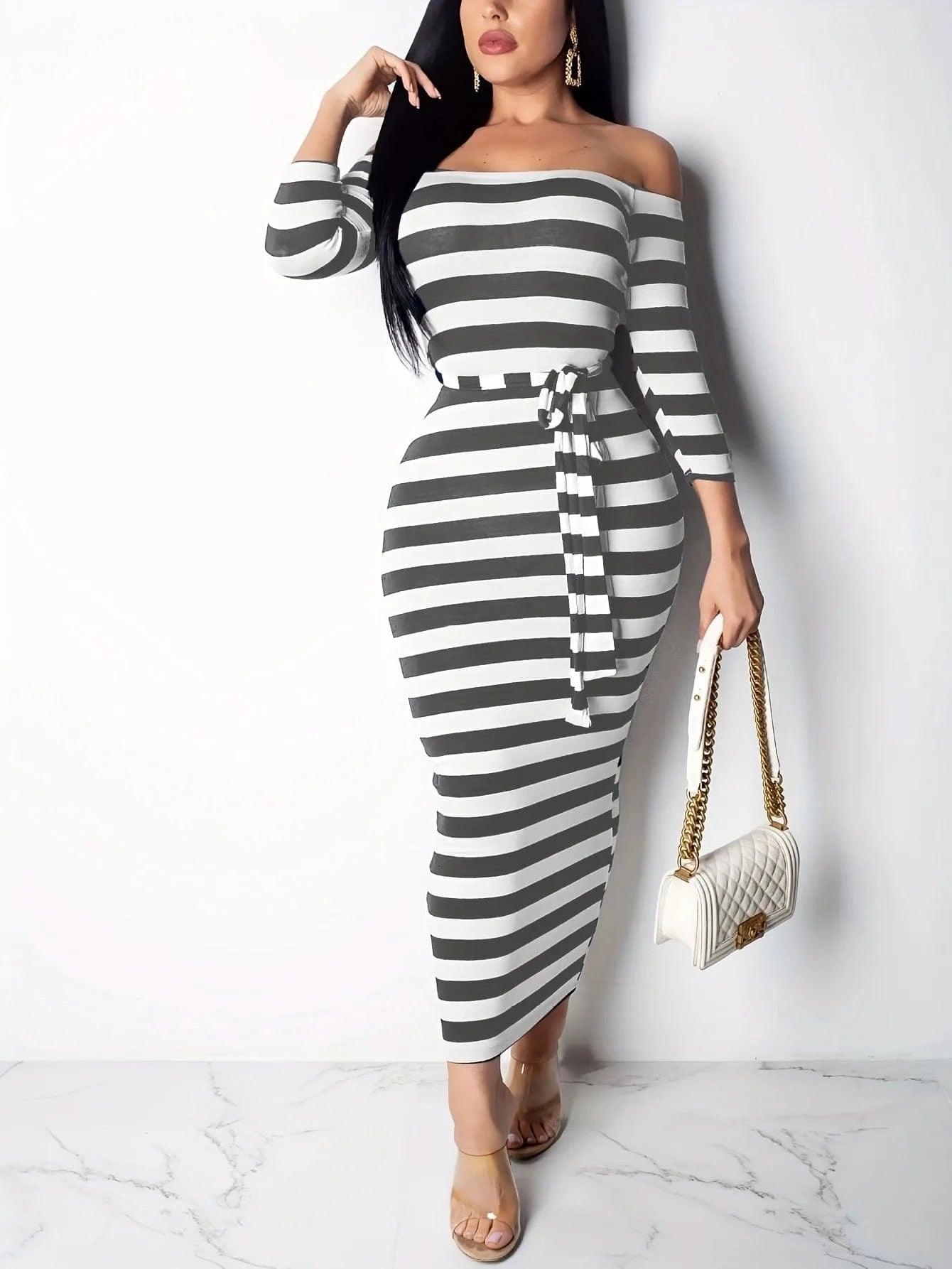 GRAY / M New 2024 Casual Women Dress Summer Striped Bodycon Midi Dresses Slash Neck Lace Up Three Quarter Pencil Dresses