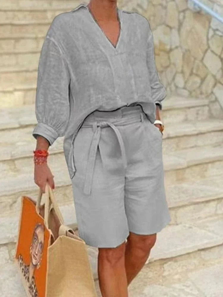 GRAY / S 2024 Summer Fashion New Matching Collection Loose and Elegant V-neck Short Sleeve Cotton Linen Top Wide Leg Shorts Two Piece Set
