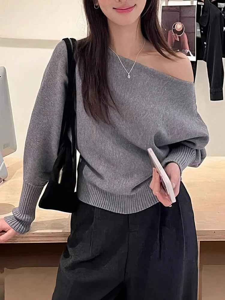 GRAY / S Batwing Long sleeve Knitted Pullover Women Solid color Off shoulder Top Korean Fashion Sweater Loose Casual Autumn Outwear Pull
