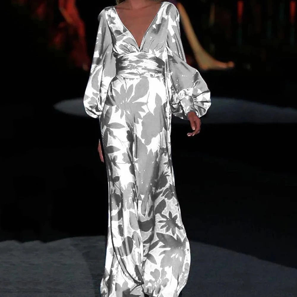 GRAY / S Printed Dress For Women V-neck Sexy High Waist Lantern Sleeve Ladies Fashionable Vestidos Autumn New Long Evening Dresses