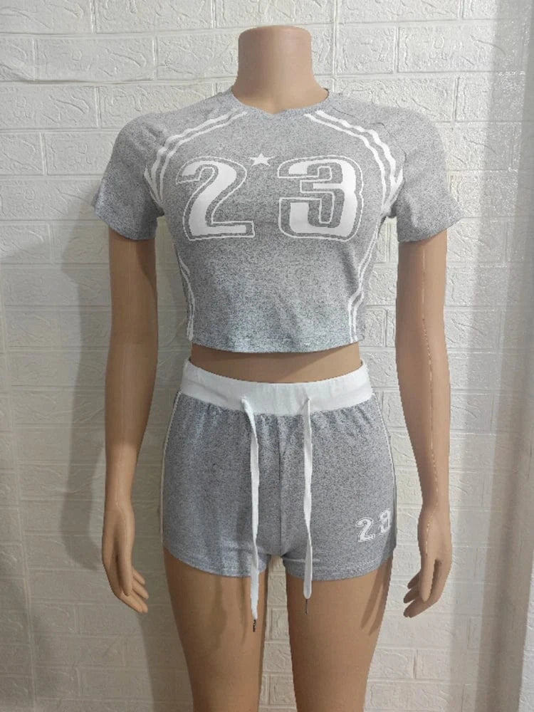 Gray / S Summer Two 2 Piece Set Women Outfits Colorblock Letter Print Crop Top and Drawstring Shorts Suit Female New Streetwear Tracksuit