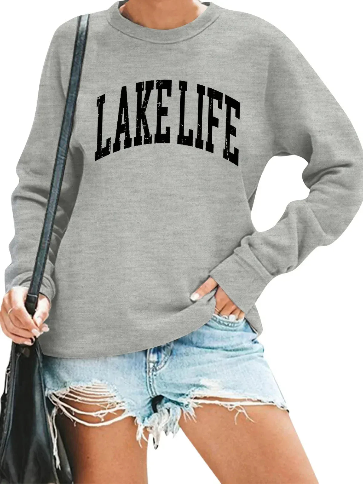 GRAY / S / United States Women's Casual Fashion Sports Lake Life Letter Pattern Printed Hoodie Round Neck Pullover Suitable for Holiday Gifts Sweatshirt