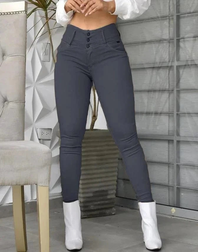 GRAY / S Women Solid Color Long Slim Khaki High Waist Tight Pants Ankle Length Pants Trousers